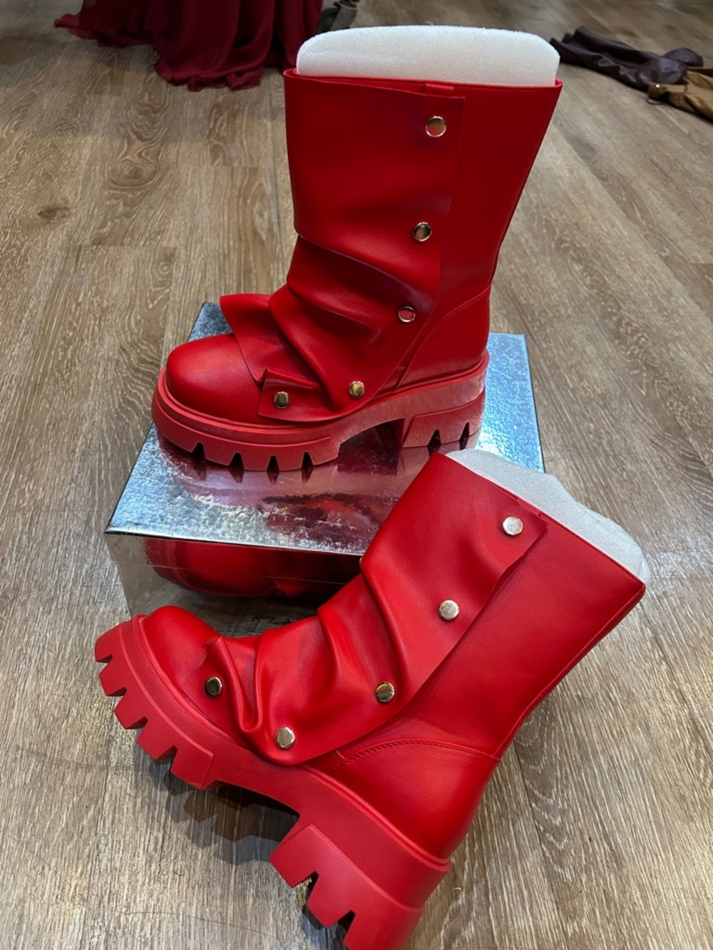 Red Side Snap Chunky Platform Boots